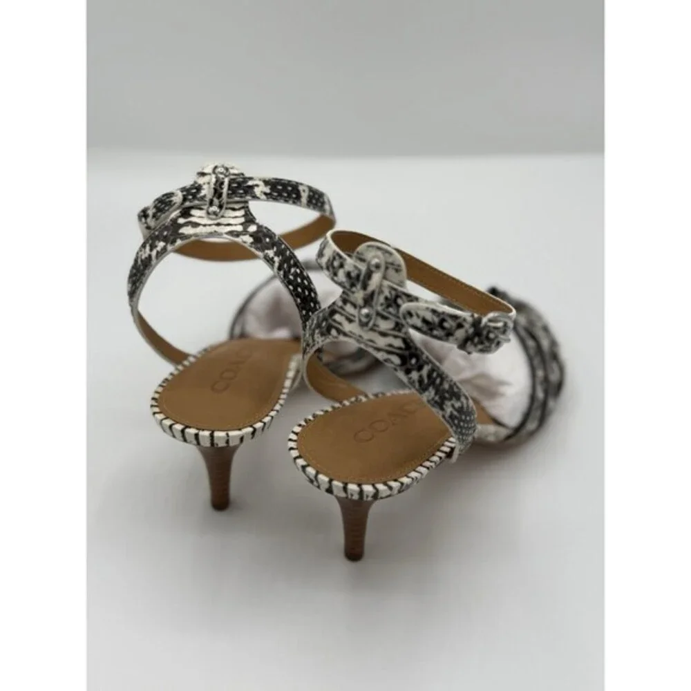 Coach Meg Land Snake Embossed Leather Sandals Heels in black and white  Size 8.5